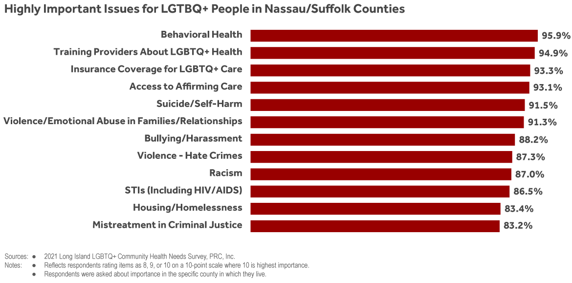 Bar chart of LI LGBTQ+ Health Needs Survey respondents’ indicating priority issues for the LGBTQ+ community.